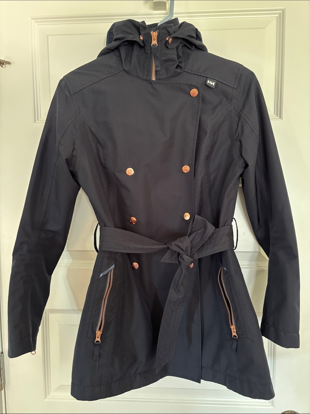 Women’s Helly Hansen Dark Navy Rain Trench Coat with Rose-Gold Accents. Size S - Picture 3 of 12